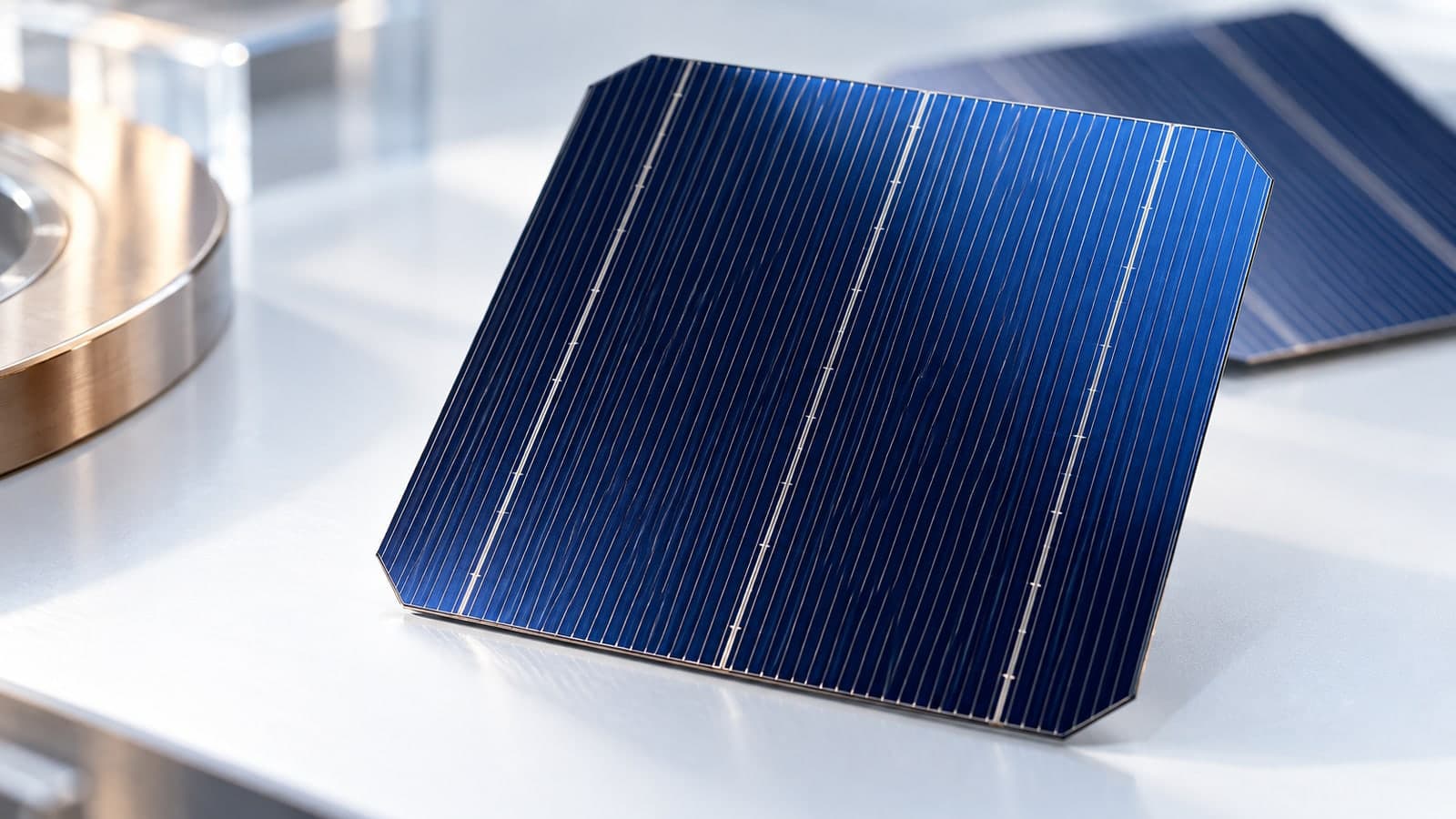 Concept image of a blue crystalline-silicon solar cell with fine silver contact fingers on a precision bench