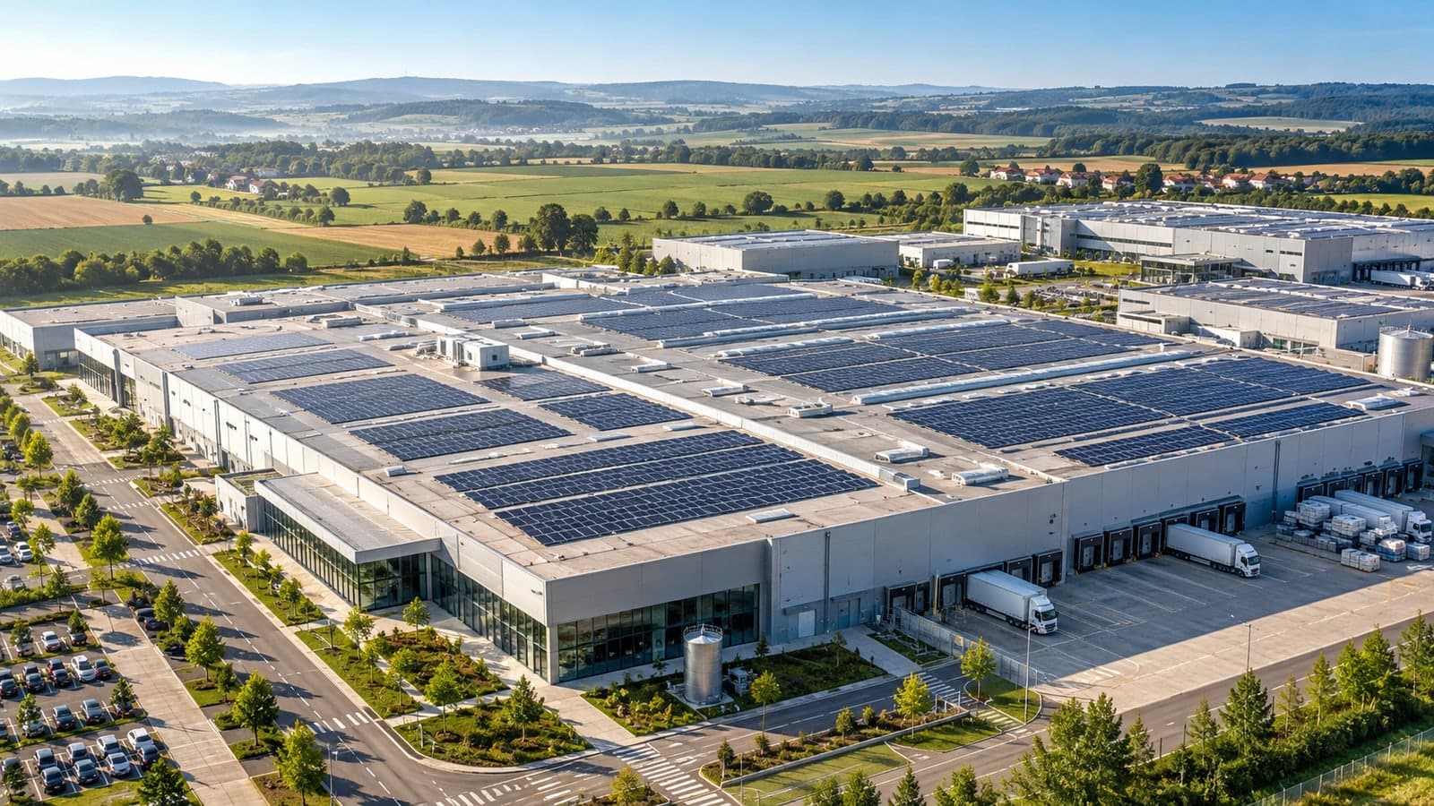 Illustrative European industrial campus with rooftop photovoltaics and green surroundings