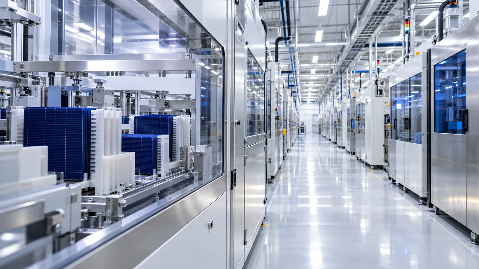Illustrative photovoltaic manufacturing aisle with enclosed process equipment and silicon wafer carriers