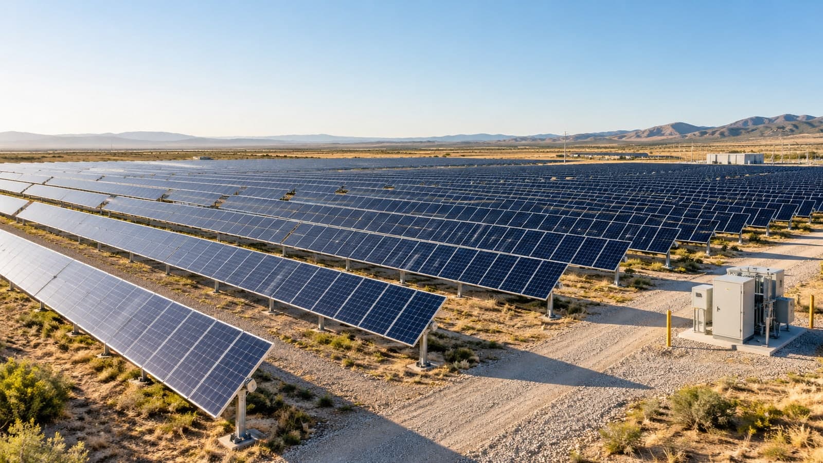 Illustrative utility-scale solar array with orderly module rows, service lanes and electrical infrastructure