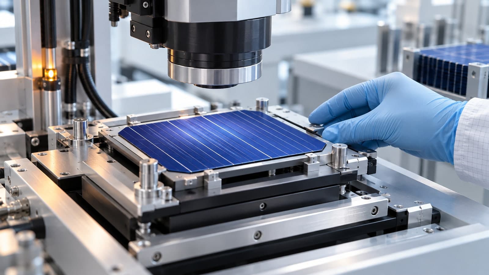 Illustrative solar-cell characterisation setting with a blue wafer on a precision measurement stage